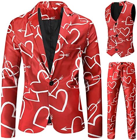 XZHDD Valentinovo 3 komada odijela za muške, ljubavne srčane tiskane tuxedo blejzerske pojaseve