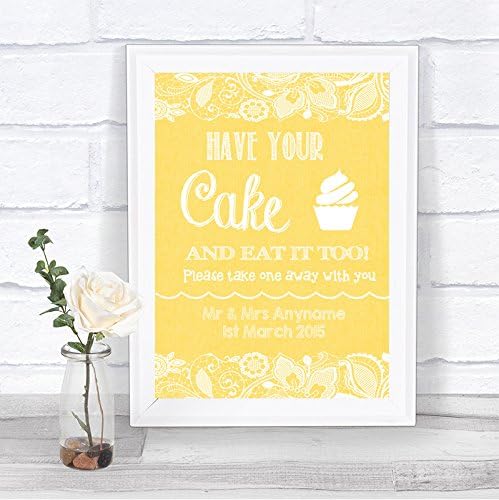 Žuti burlap i čipkasti efekt kolač za kolač Cupcake Candy Buffet Personalizirani vjenčani znak