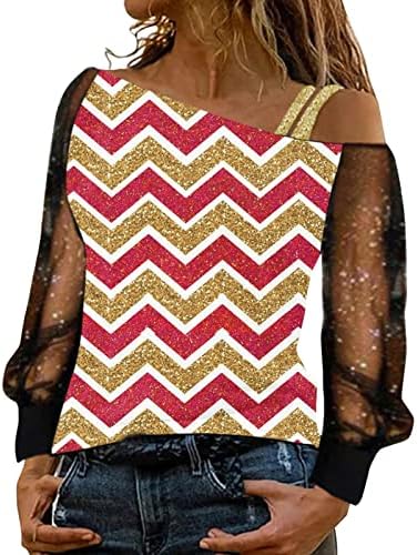 IIOUS Sequin tisak mreža dugih rukava za žene Seksi od pulover na ramenu Dressy asimetrični