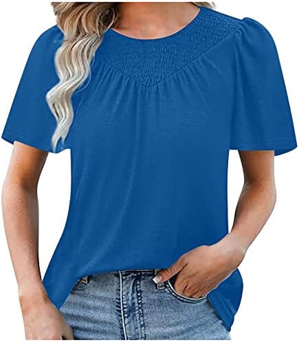 Žene ljetne vrhove Shirred majice Kratki rukav casual osnovne majice scoop vrat majica s majicom labave