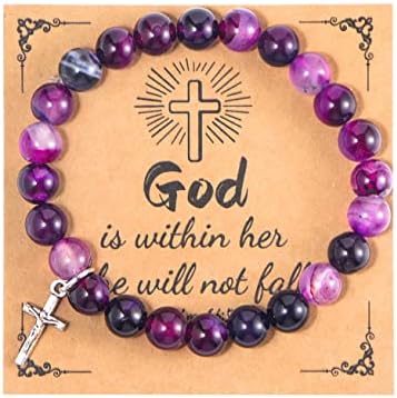 Kršćanski pokloni za žene muškarce, ljekoviti prirodni kamen ukrštene perle rastezljiva narukvica vjerski katolički