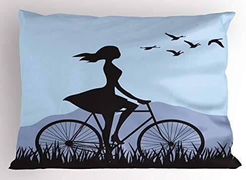 Lunable Biker jastuk Sham, silueta stil mlada žena jašući bicikl i leteće ptice, dekorativne jastučnice za