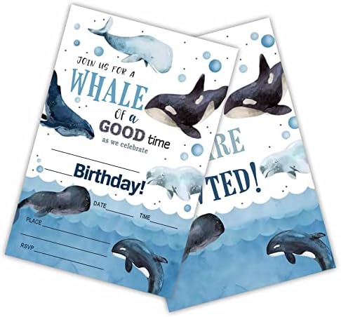 Pozivi za rođendanske tempe za Whale, Theme Theme Dvostrano pozivnice za rođendan, dječake, djevojke,
