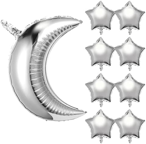Prasacco 9pcs 28in Silver Moon Star oblik baloni aluminijumski film / aluminijum folija milar