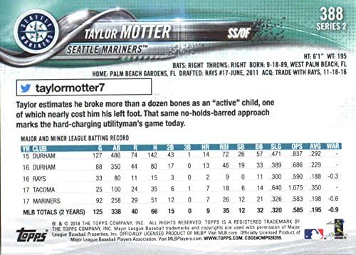 2018. TOPPS serija 2 388 Taylor Motter Seattle Mariners Baseball Card - Gotbasebalcards