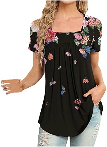 Ženske bluze i vrhovi elegantni cvjetni Print labavi kratki rukav kvadratni vrat Sakrij stomak lepršava