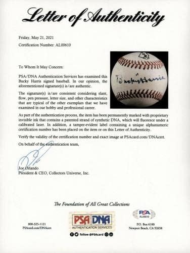 Bucky Harris Single potpisan autografirano bejzbol PSA DNK Coa Yankees Hall of Fame - autogramirani