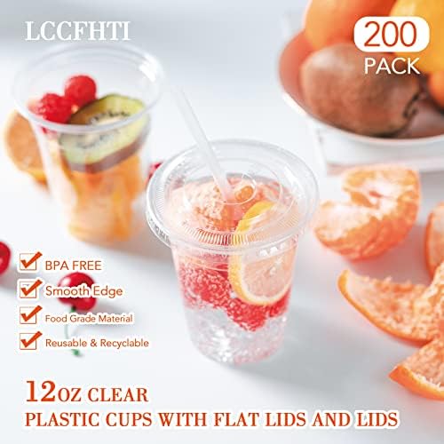 LCCFHTI [200 broj] 12 oz Plastične čaše sa poklopcima i slamkama, čiste za jednokratnu čaše