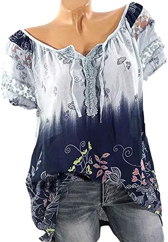 Žene 2023 Ljetne ležerne majice čipkane boje V izrez kratki rukav vrhovi labave cvjetne bluze elegantne
