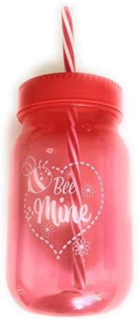 Valentinovo Crvena Plastična čaša za teglu sa poklopcem i prugastom slamkom, pčelinja Mina, 16 unci