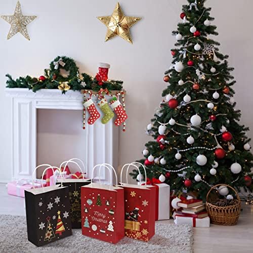 JANERIW Božić poklon torbe, 12 kom Kraft poklon torbe sa ručkama, klasični Božić štampa Božić