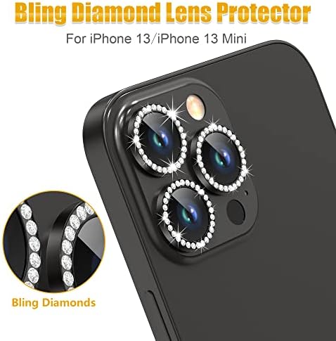 Agvee 3 + 3 6 Pack za iPhone 13 Pro 6,1 / 13 Pro max 6,7 Zaštitnik objektiva fotoaparata, Bling Diamond & Bling Glitter Metal Ring 9h Tempered HD Stakleni zaslon zaslon za zaštitni film, crni