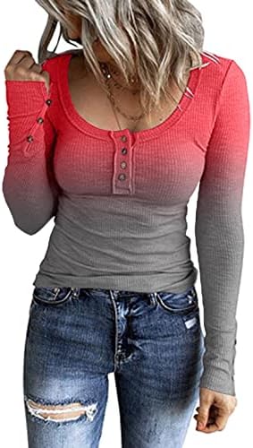 Košulje s dugim rukavima za žene Ženske rastezanje rebrastih Henley Tops casual čipkani tunika
