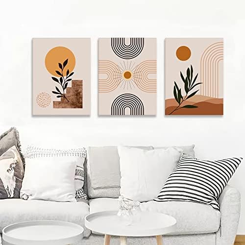 Boho minimalizam suptropske biljke Sun Moon bež umjetnička ilustracija zidni umjetnički uokvireni Set od 3,
