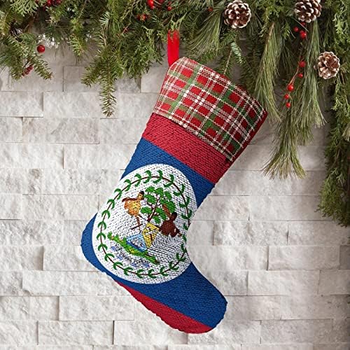Belize Flag Sequin Božićne prazničke čarape Reverzibilna boja Promjena magične zalihe za Xmas Tree Kamin Viseće