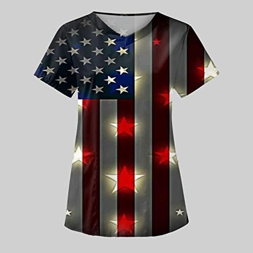 4. jula bluza za žene američka zastava ljetne kratke rukave V izrez majice sa 2 džepa bluze praznična Ležerna