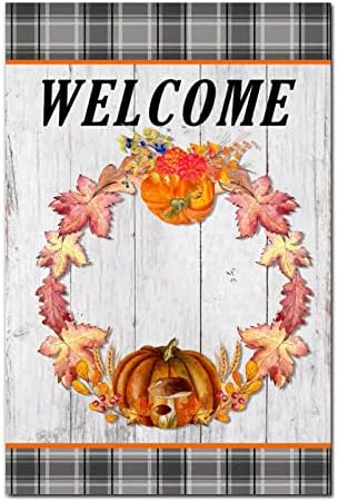 Dobrodošli Wreom Gendanl Wood Wood Pumpkin Rose znakovi Buffalo Plaid Drveni znak Retro Jesen Jesen
