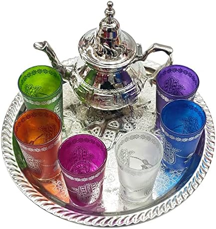 Marokanski tradicionalni čaj kompletan čajnik 350ml ladica 28cm sa 6 staklenih naočala sa tradicionalnom rukom Fatima ugraviranog