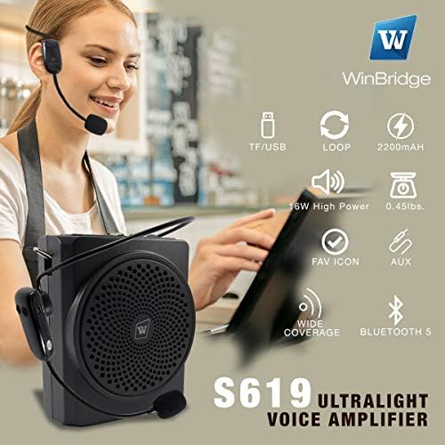 WinBridge Wireless Voice Amplifier Wireless mikrofon slušalice, 16w Bluetooth zvučnik i mikrofon prijenosni Pa za nastavnike, turističke vodiče, trenere, starije osobe itd S619UHF