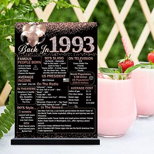 Vlipoeasn dekoracija stola za godišnjicu 30. rođendana 1993. Poster za žene, ružičasto zlato davne 1993. akrilne table sa drvenim postoljem, 30 godina stare rođendanske zabave središnji dijelovi poklona