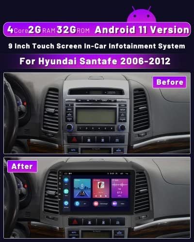 2G + 32G Android 11 Stereo za 2006-2012 Hyundai Santa Fe Radio sa bežičnim Apple Carplay Android Auto, 9 inčni dodirnim ekranom Bluetooth sa HIFI SWC GPS navigacijski WiFi Backup Commera