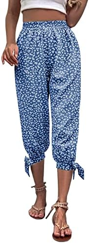 MMKNLRM Women cvjetni principene posteljine kapri hlače elastične struice ljetne pantalone sa džepovima