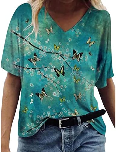 V izrez Tee Womens Ljeto Jesen kratki rukav Meka udobna odjeća pamučna grafička ručica bluza majica