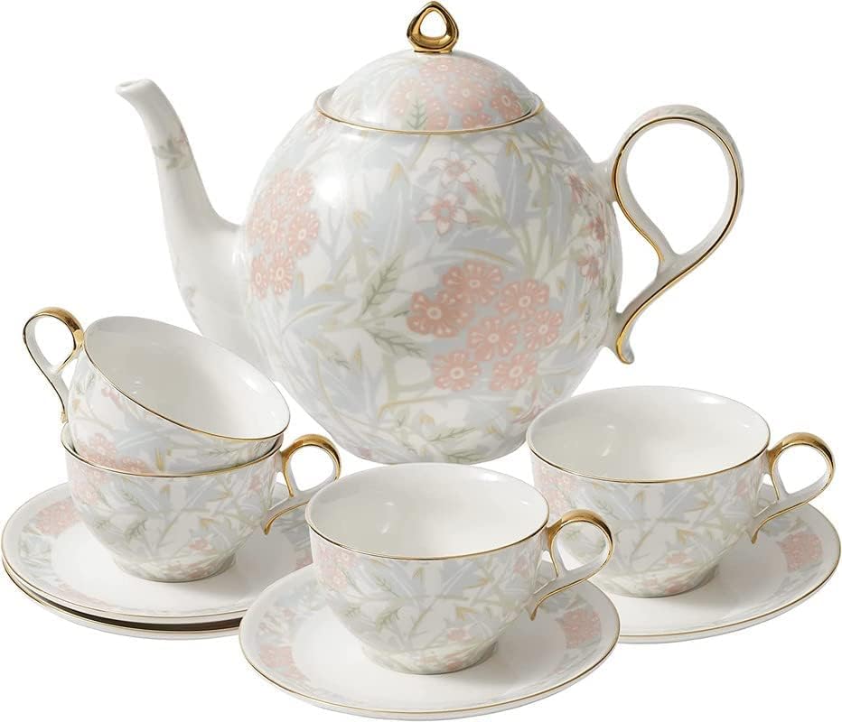 TAIMEI TEATIME porculan čaj, europski set čajnika sa 1 čajnim čajnim uređajima, 4 čajne šalice i tamnica, čaj za ženu sa cvjetnim uzorkom od ljiljana za poklon čaj za čaj za ljubitelja i žene