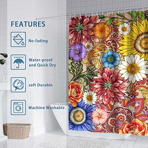 Ghroiep Boho akvarel cvjetni set za tuširanje, moderna kuća šareno boemska cvjetna kupatilo za zavjese, vodootporna zavjesa od svijetle tkanine 72 x72