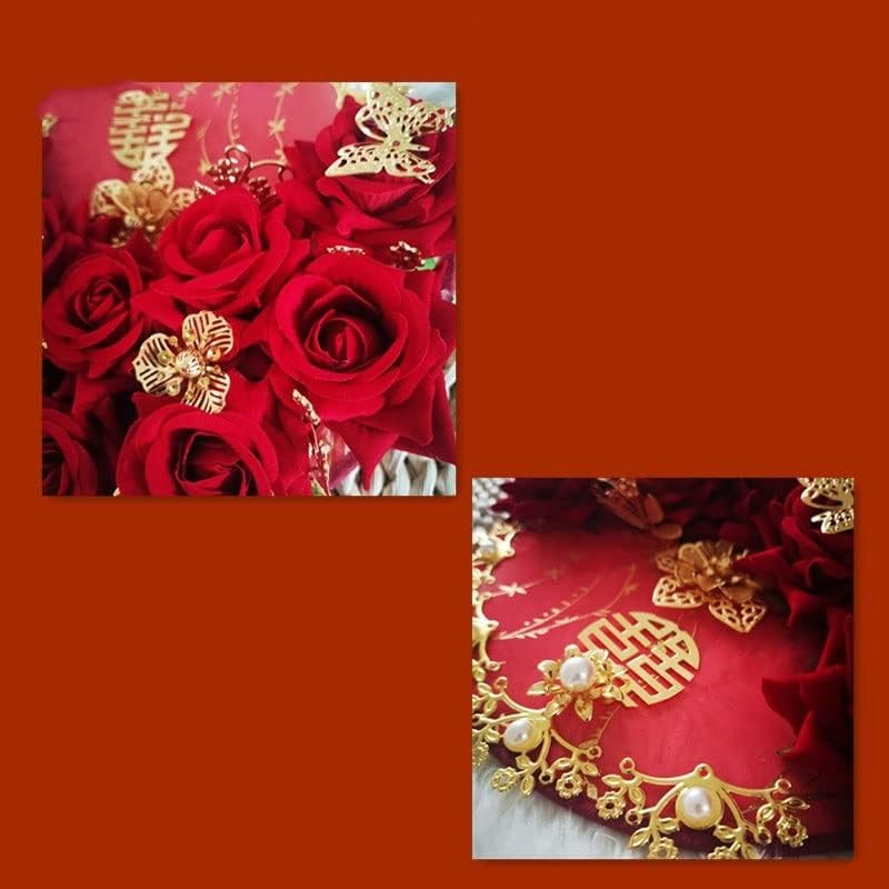 SXDS umjetne ruže korenje crveno cvijeće Bridal ručni buket ventilator kineskog stila zlatne metalne mladenke