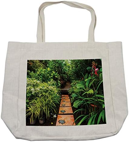 Ambesonne Peace Garden torba za kupovinu, bašta sa tropskim biljkama i drvenom stazom Tranquility Harmony tema, ekološka torba za višekratnu upotrebu za namirnice plaža i još mnogo toga, 15,5 X 14,5, zelena Blijedosmeđa