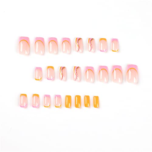 24kom ružičasto žuta Francuska ljetna lažna noktiju puni poklopac kvadrat kratka presa na noktima sa ljepilom za žene i djevojke Nail Art manikir dekoracija