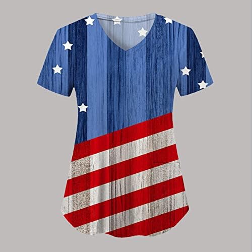 4. jula majice za žene američka zastava ljetna kratka rukava V vrat majica sa 2 džepa bluza Top