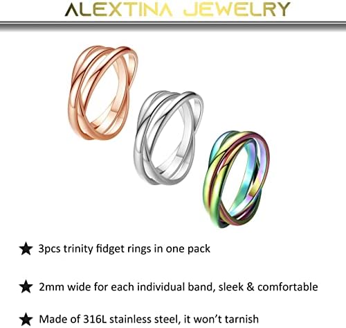 Triple Interlocking Bands Rolling Fidget Rings for Anxiety for Women Girls - 3pcs Stainless Steel