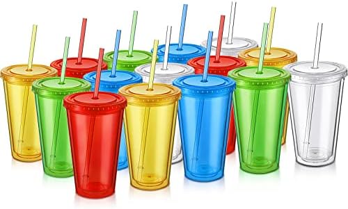 SEEWEY 15 pakovanja šarena izolovana čaša sa dvostrukim zidom sa slamkom i poklopcem 16 Oz akrilne plastične čaše za višekratnu upotrebu Bulk Clear Water boca ledena kafa putna šolja za kancelarijski rad za piće