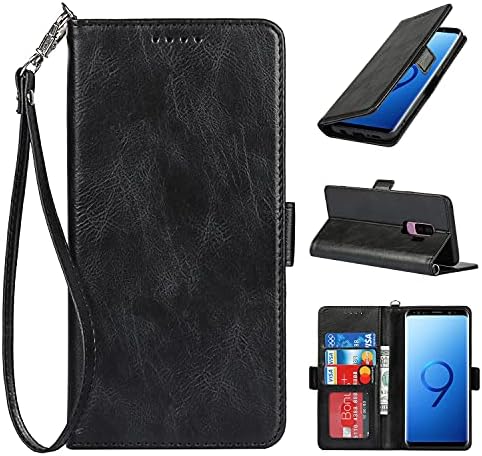 JWS-C Samsung Galaxy S9+Plus zaštitna torbica novčanik sa narukvicom luksuzna PU Koža {RFID Blocking} kompatibilno-bežično punjenje-zaštita od udara preklopni poklopac sa držačem kartice-Crna