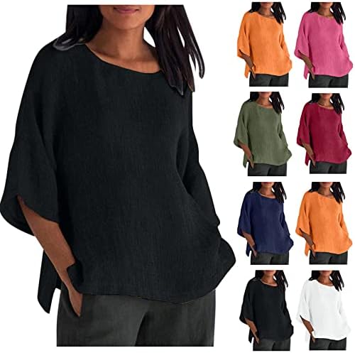 Žene klasične majice plus veličine pamučne platnene majice 3/4 rukav okrugli vrat Tunika vrhova labava obična