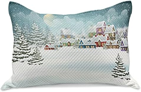 Ambesonne božićni pleteni jastuk za prekrivač, selo pod snežnim zimskim prazničnim sezonom borove šume, standardni kraljevski jastuk za spavaću sobu, 36 x 20, kadet plavi višebojni