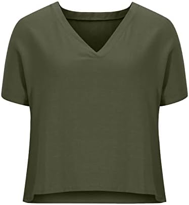 Pamučne posteljine za žene modne čvrste boje kratkih rukava majica kratkih rukava dubokog V izrez Loose Comfy Tunic bluza pulover