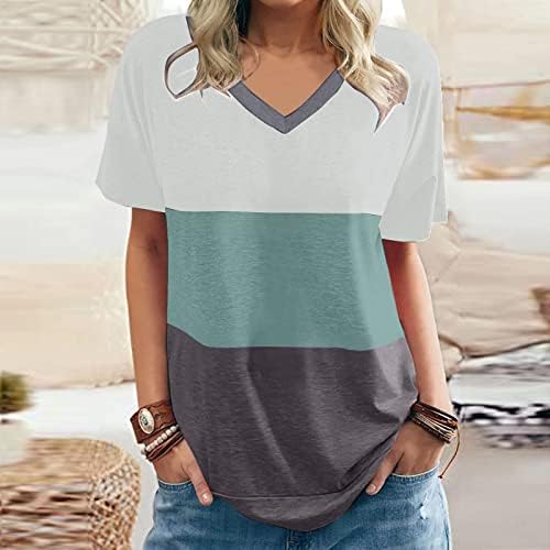 Košulje za žene Trendy Color blok kratki rukav T majice V izrez Ljetni ties Labavi bluza Comfy casual vrhovi