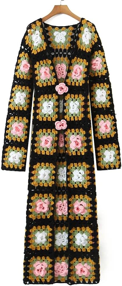 Ručno rađeni dugi dugi džemperi Cardigan Black Multicolor Crochet Women Zimski kardigan Duks u gornjem