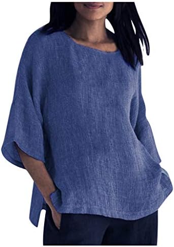 Predimenzionirani laneni vrhovi za žene lagani Crewneck Shirts pad ramena 3/4 rukavi T Shirt čvrste Casual bluze