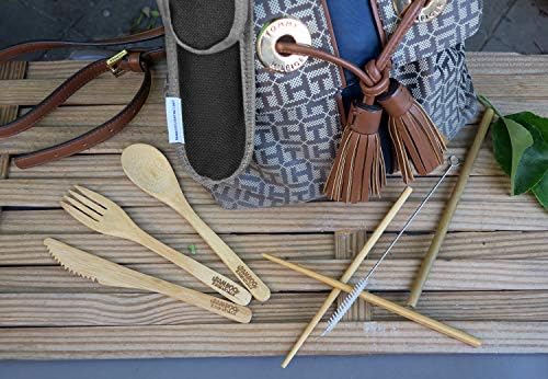 Bamboo putni set posuđa / bambusova viljuška | nož, kašika, štapići za jelo, slamka, četka