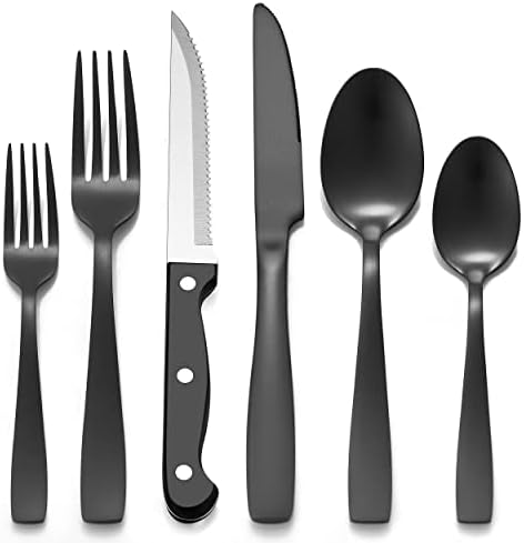 Lianyu 24-dijelni crni set srebrnog posuđa sa noževima za odreske, Set pribora za jelo od nehrđajućeg