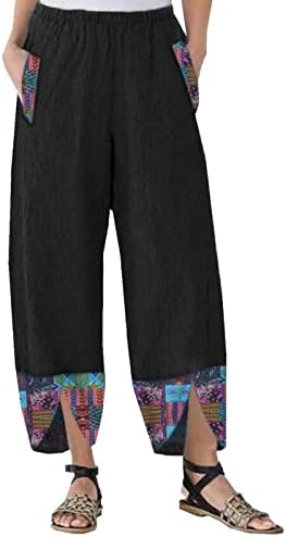 Pamučne lanene hlače za žene Ležerne ljetne kapri hlače s džepovima s visokim strukom udobne hlače na