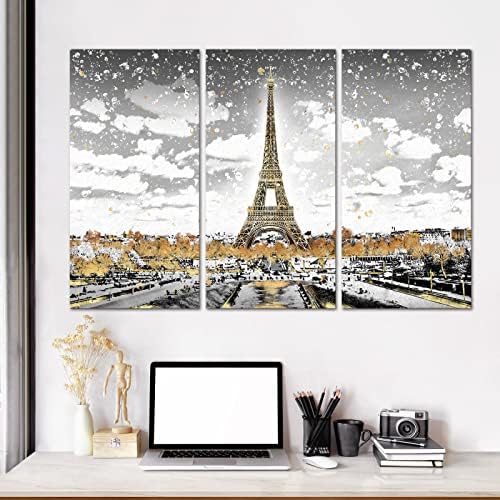 RnnJoile 3 komad Eiffelov toranj zidni dekor Zlatna jesen Pariz pejzažna Umjetnost Print na platnu zlatna i siva slika slika za moderne kućne sobe ukrasi romantična umjetnička djela Galerija zamotajte spremno za vješanje