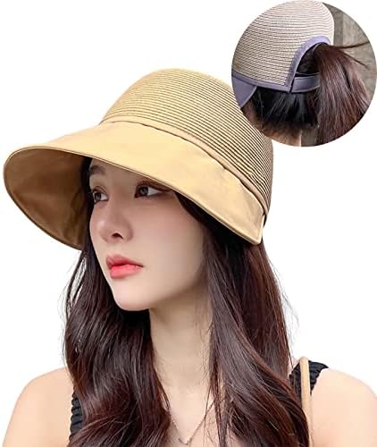 Ženski šešir za zaštitu od sunca velikog oboda za izlet na plažu ljeti, slamnati šešir za sunce sa rupom za rep za žene