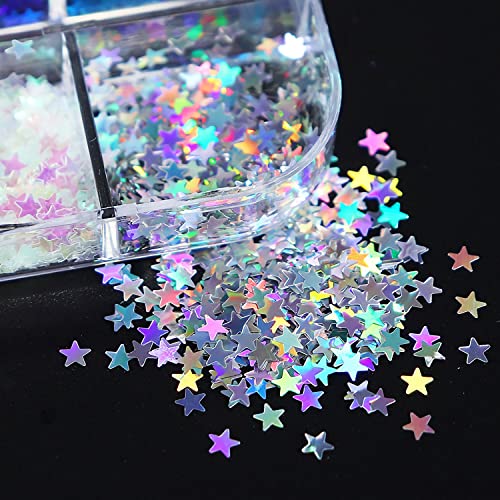 Holographic Star Nail Art Glitters, 12 Mreža šarene Zvjezdaste šljokice za nokte 3D potrepštine za umjetnost