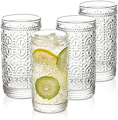 SoulTimes Vintage Glassware Embossed Glass Cups Set 4, 12 oz romantične naočare za vodu, Highball naočare