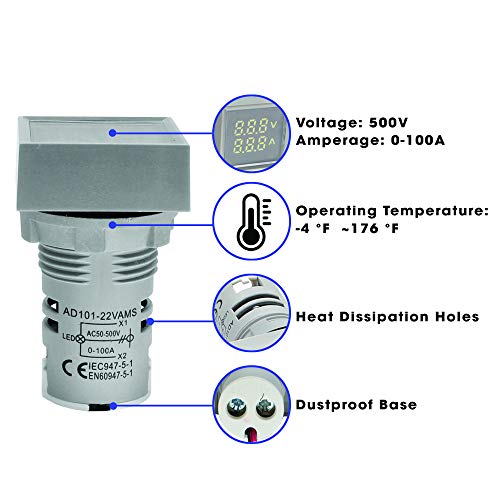 ShopCorp -Digital LED displej pokazatelj voltmetar i ampermetar, napon multimetar AC50-500V i trenutni mjerač 0-100A, mjerač metar tester volp amp-ad101-22vams Model, kvadratna ploča siva